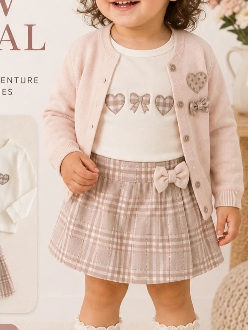 Toddler Plaid Bow Skirt & Heart Top Set - Soft Blush